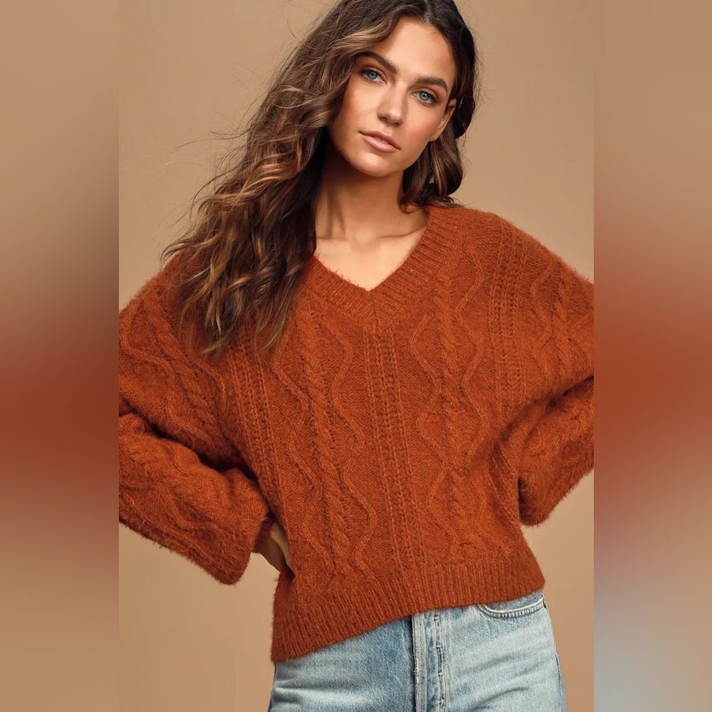 She & Sky Chunky Cableknit Burnt Orange Vneck Boho Western Classic Sweater